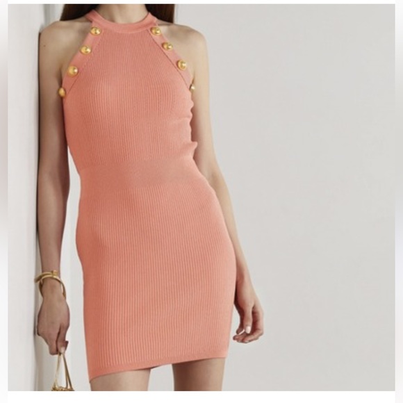 Balmain Gold Button Embellished Coral Knit Mini Dress Size 36 - Picture 1 of 13